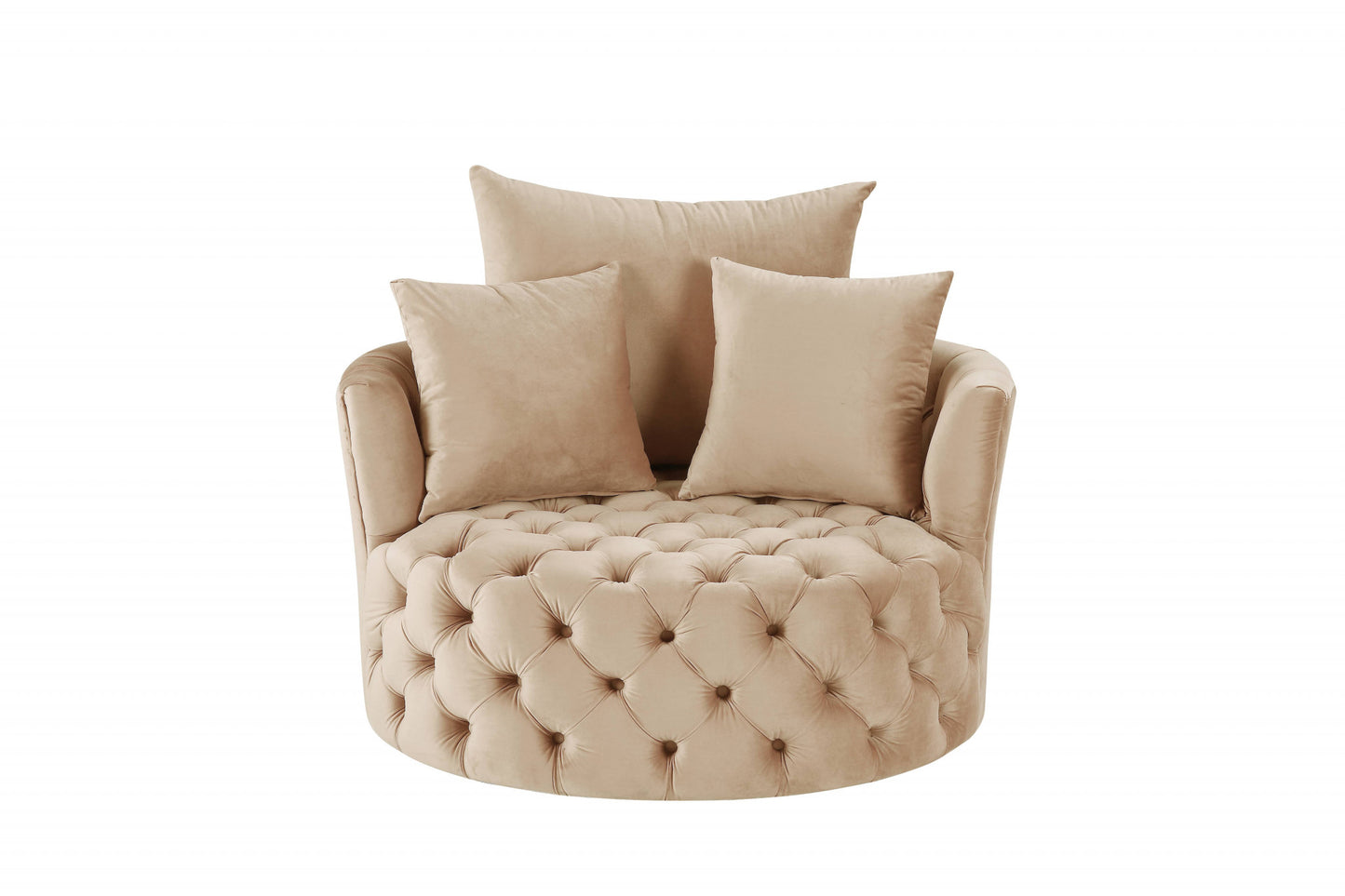 Velvet Tufted Swivel Barrel Chair and Toss Pillows