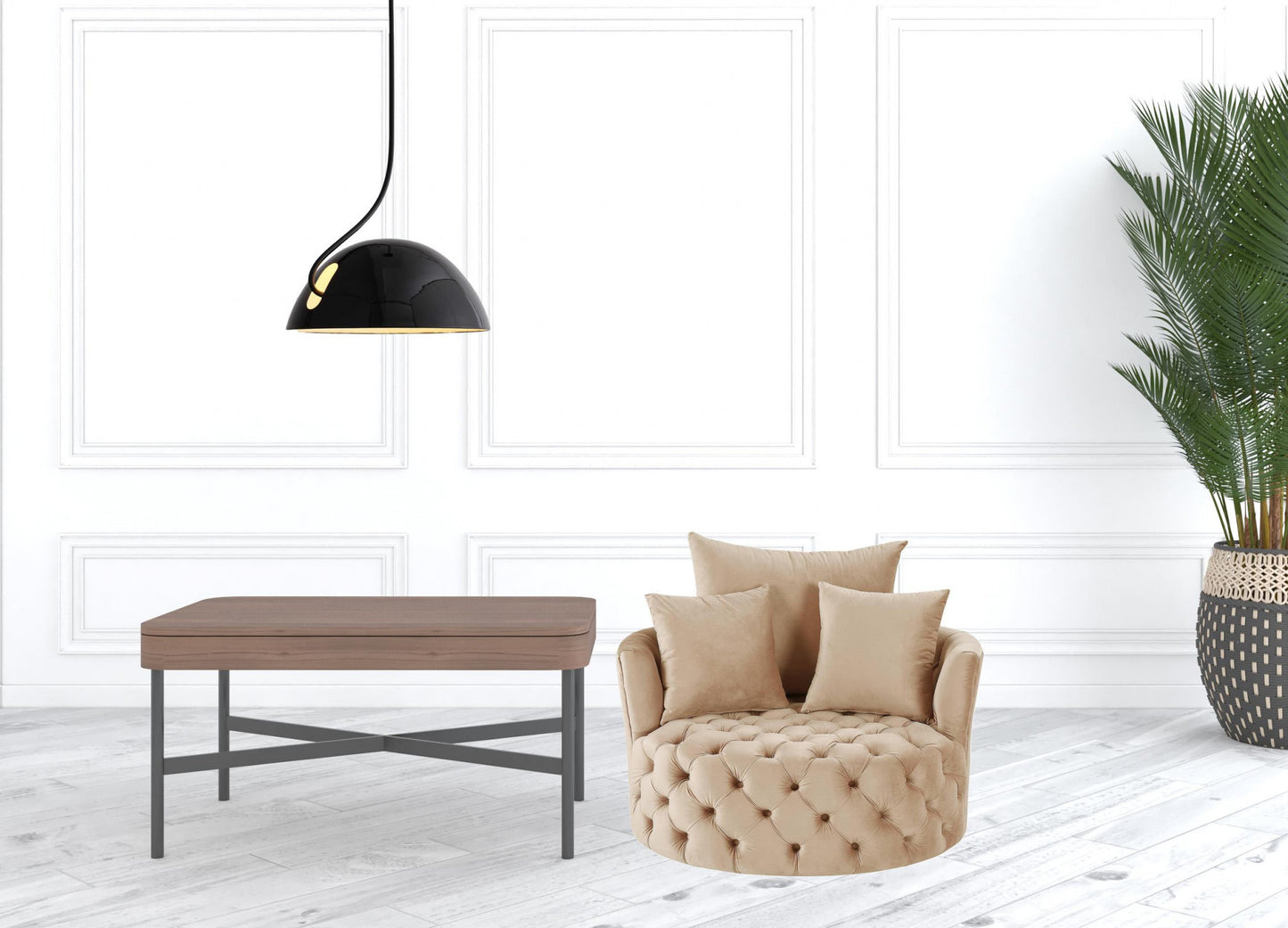 Velvet Tufted Swivel Barrel Chair and Toss Pillows