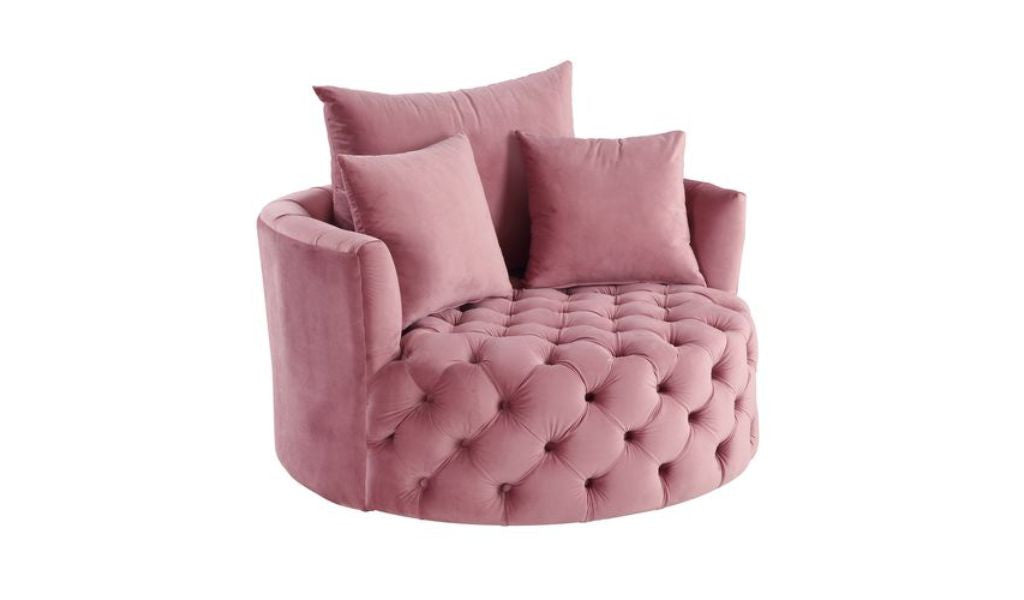 Velvet Tufted Swivel Barrel Chair and Toss Pillows