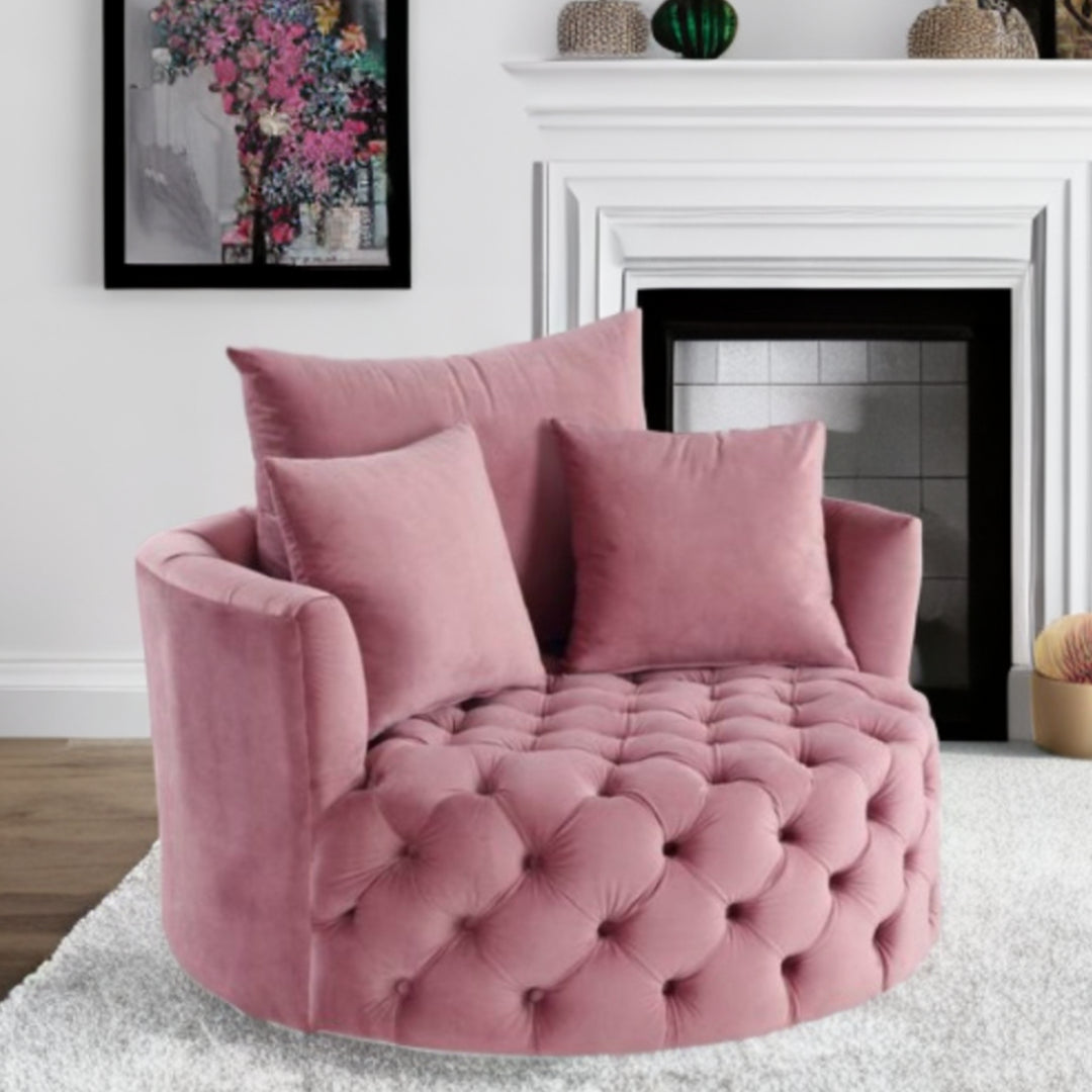 Velvet Tufted Swivel Barrel Chair and Toss Pillows