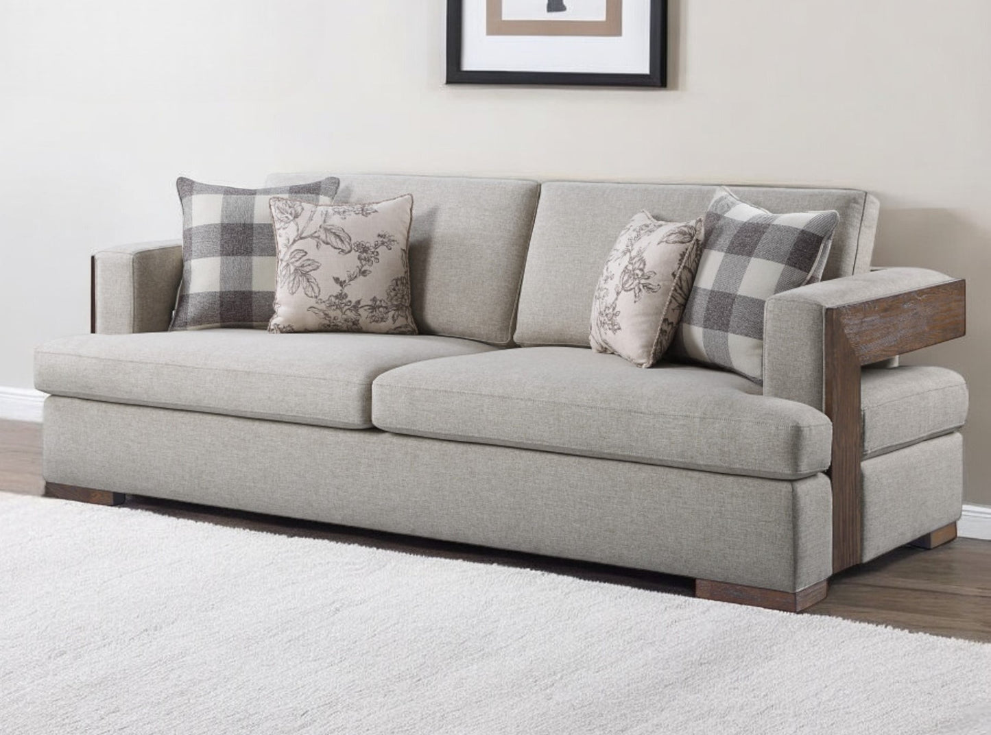 Fabric Sofa and Toss Pillows with Brown Legs