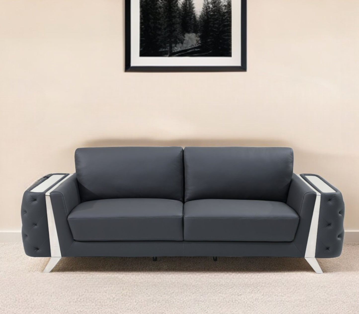 Italian Leather Sofa with Silver Legs