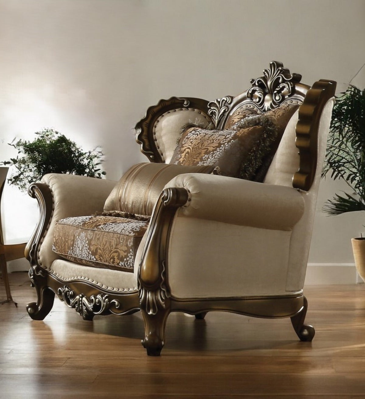 Fabric Damask Tufted Wingback Chair and Toss Pillows