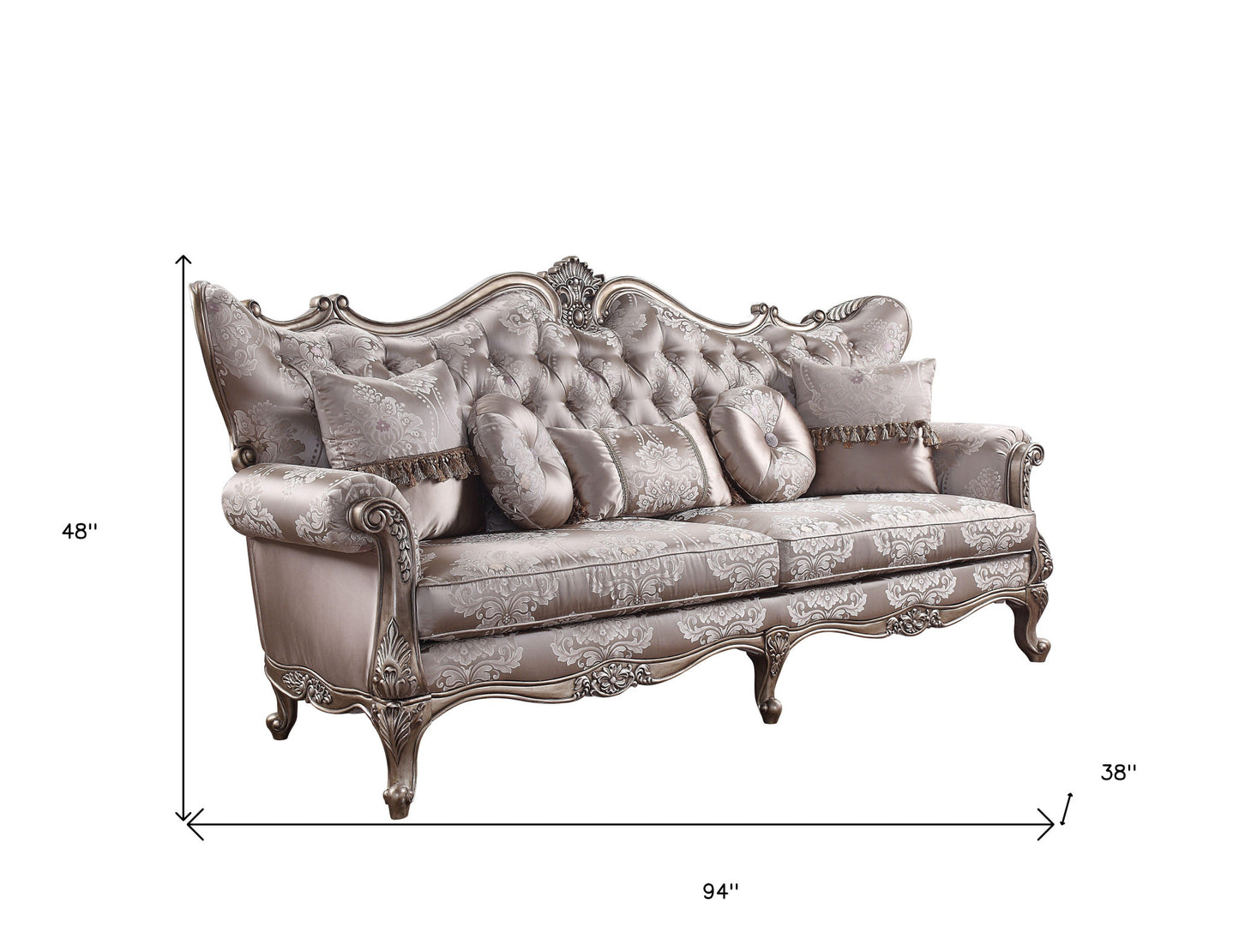 Imitation Silk Damask Sofa and Toss Pillows with Champagne Legs