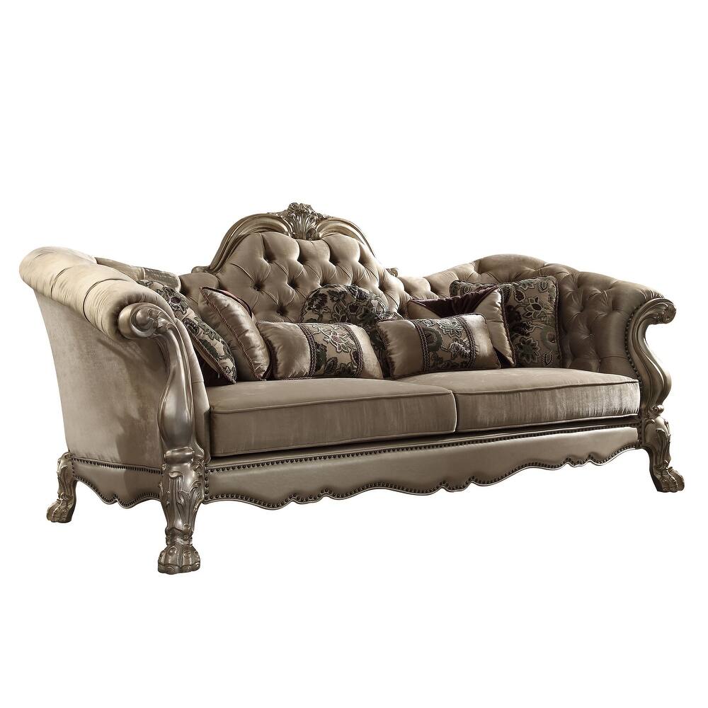 Velvet Sofa and Toss Pillows with Gold Legs