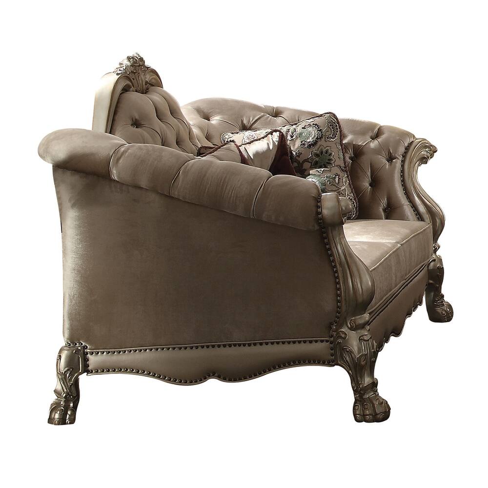 Velvet Sofa and Toss Pillows with Gold Legs