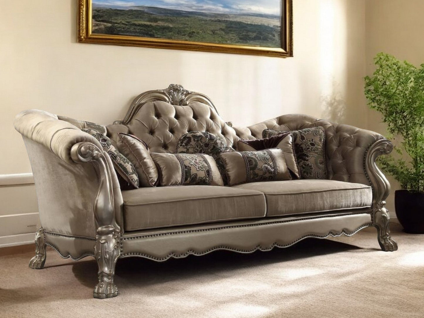 Velvet Sofa and Toss Pillows with Gold Legs