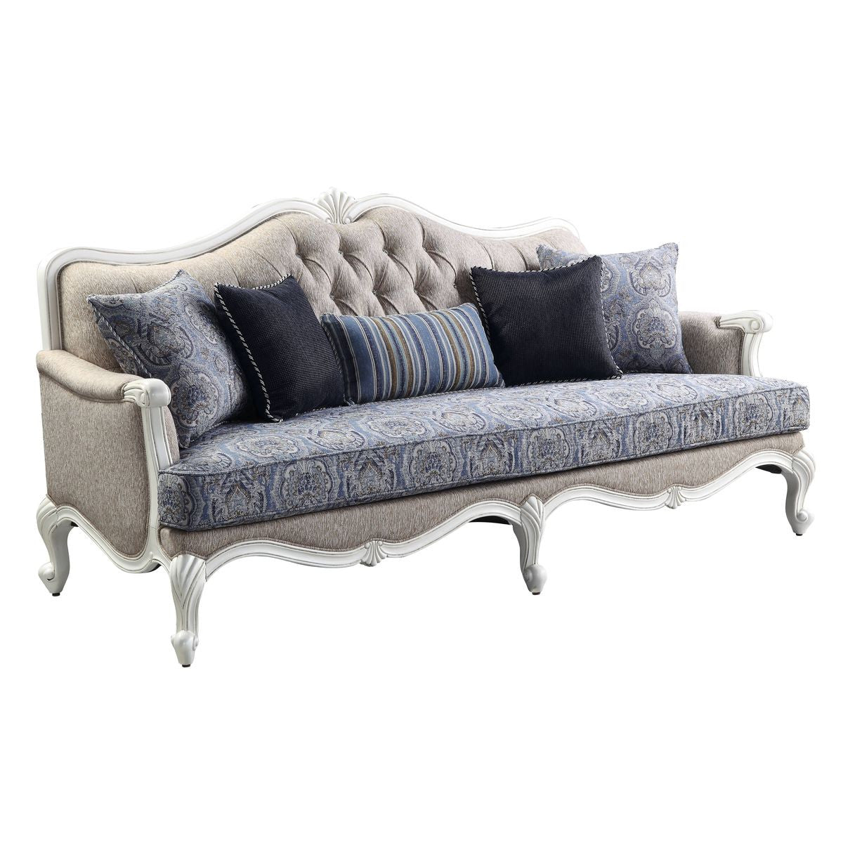 Linen Damask Sofa and Toss Pillows with White Legs