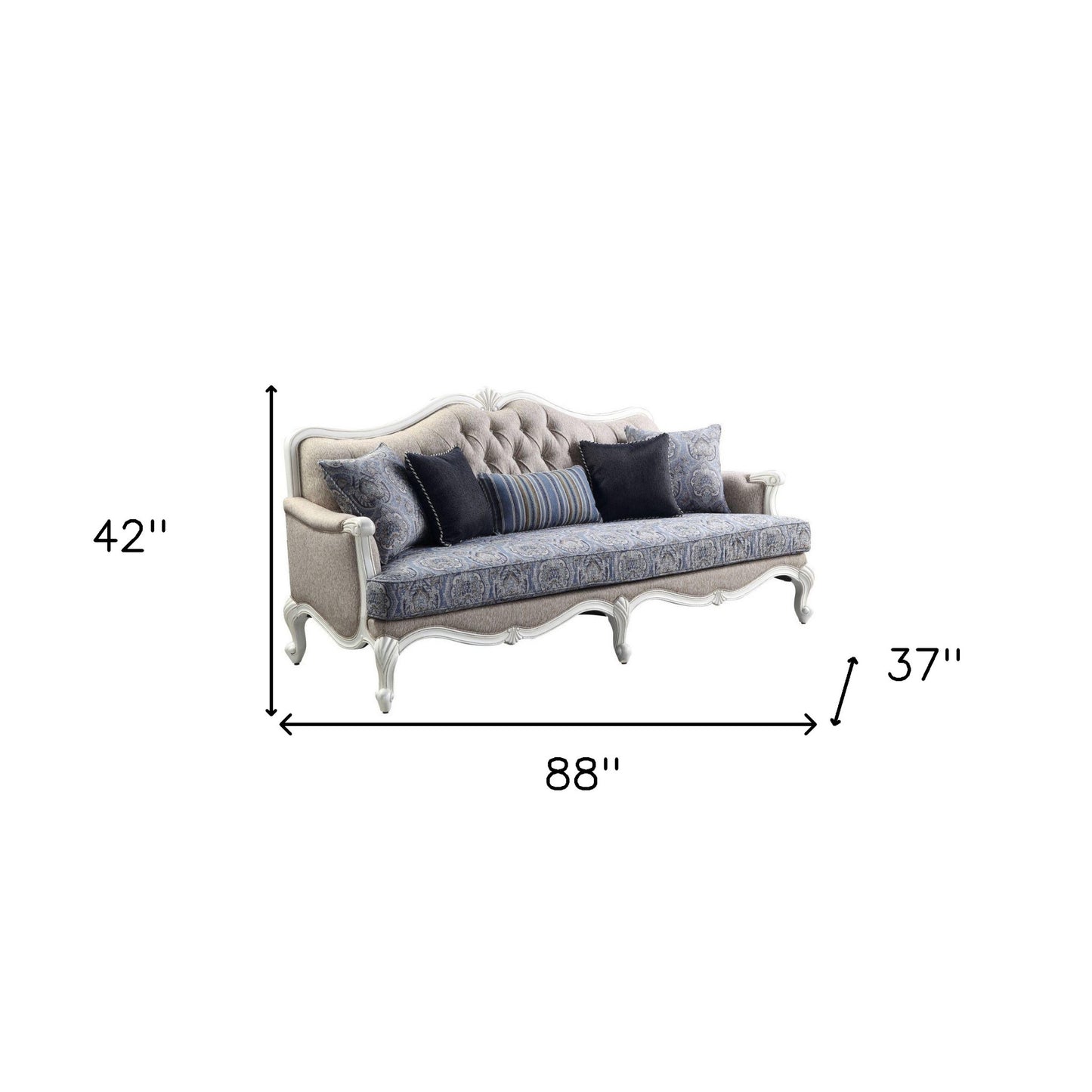 Linen Damask Sofa and Toss Pillows with White Legs