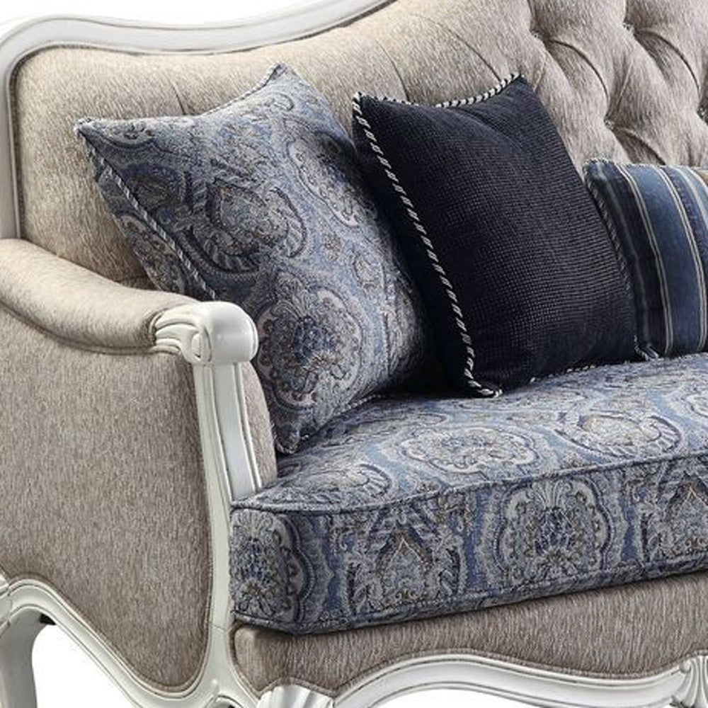 Linen Damask Sofa and Toss Pillows with White Legs