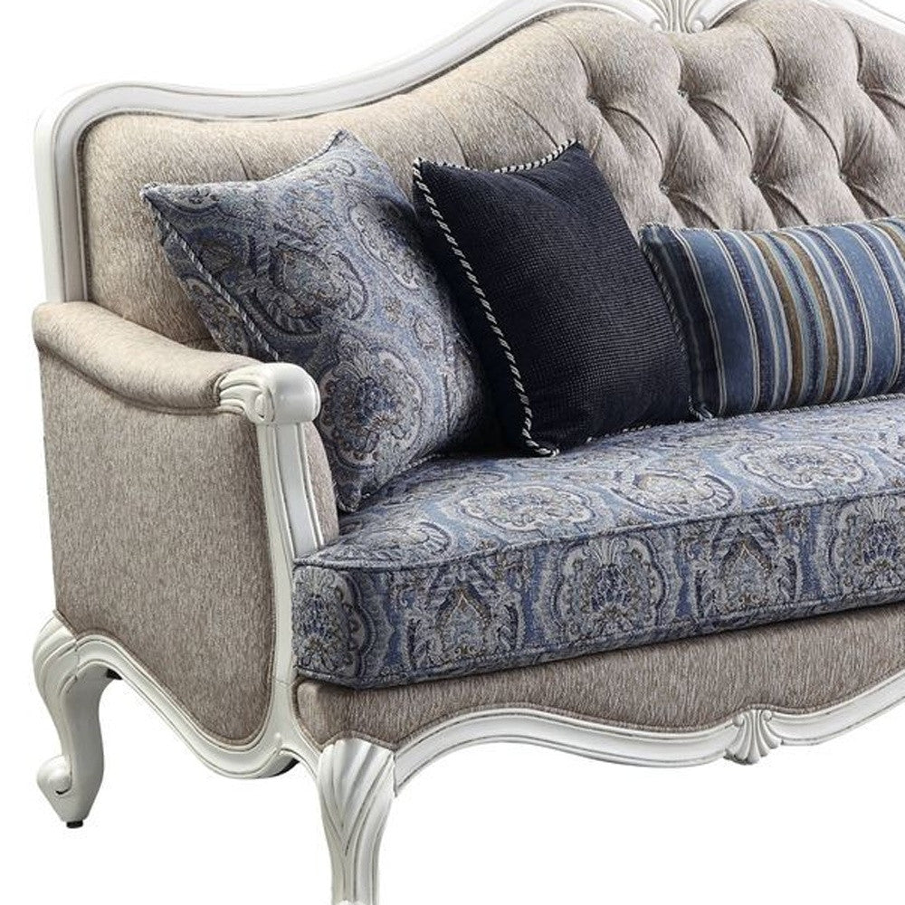 Linen Damask Sofa and Toss Pillows with White Legs