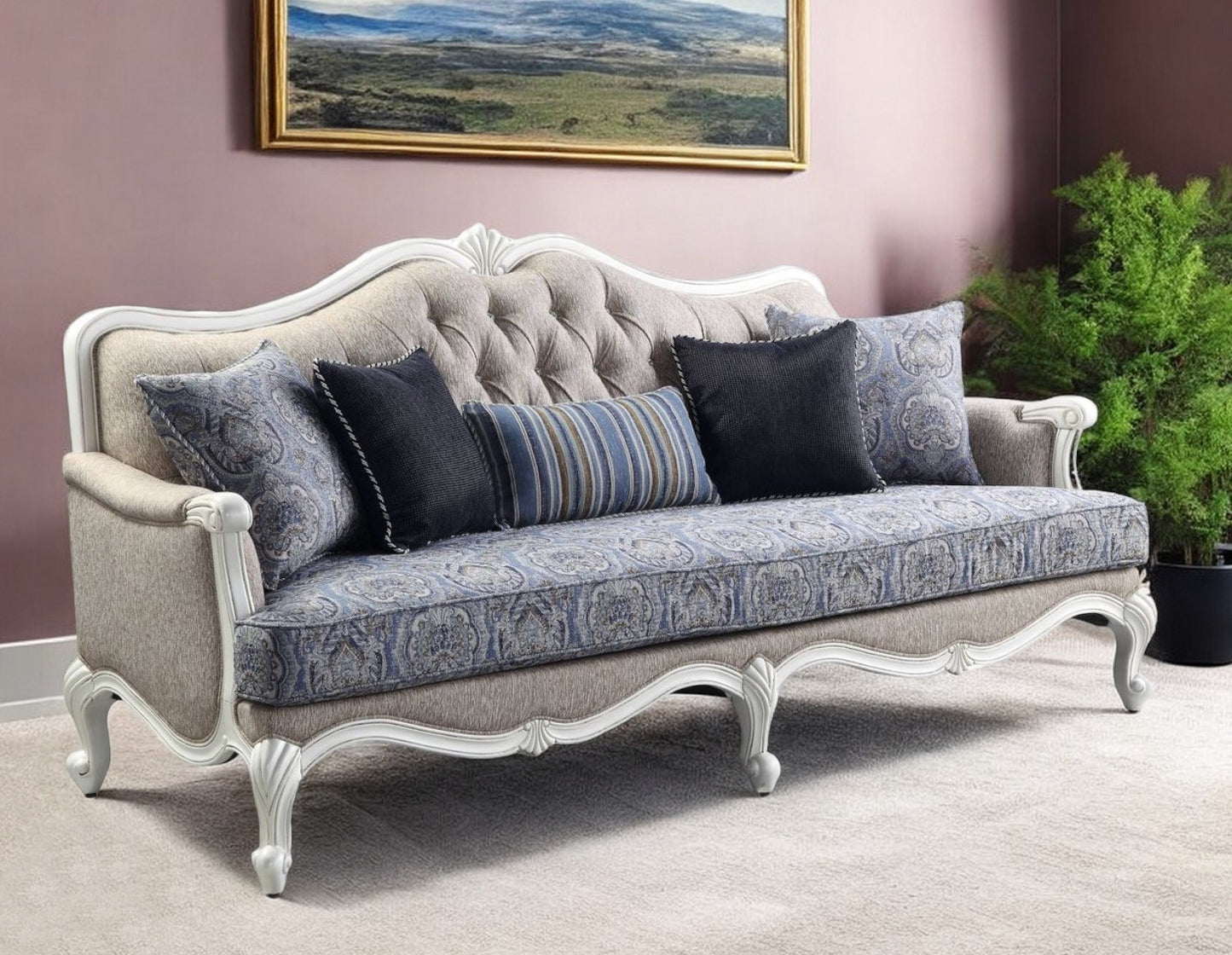 Linen Damask Sofa and Toss Pillows with White Legs