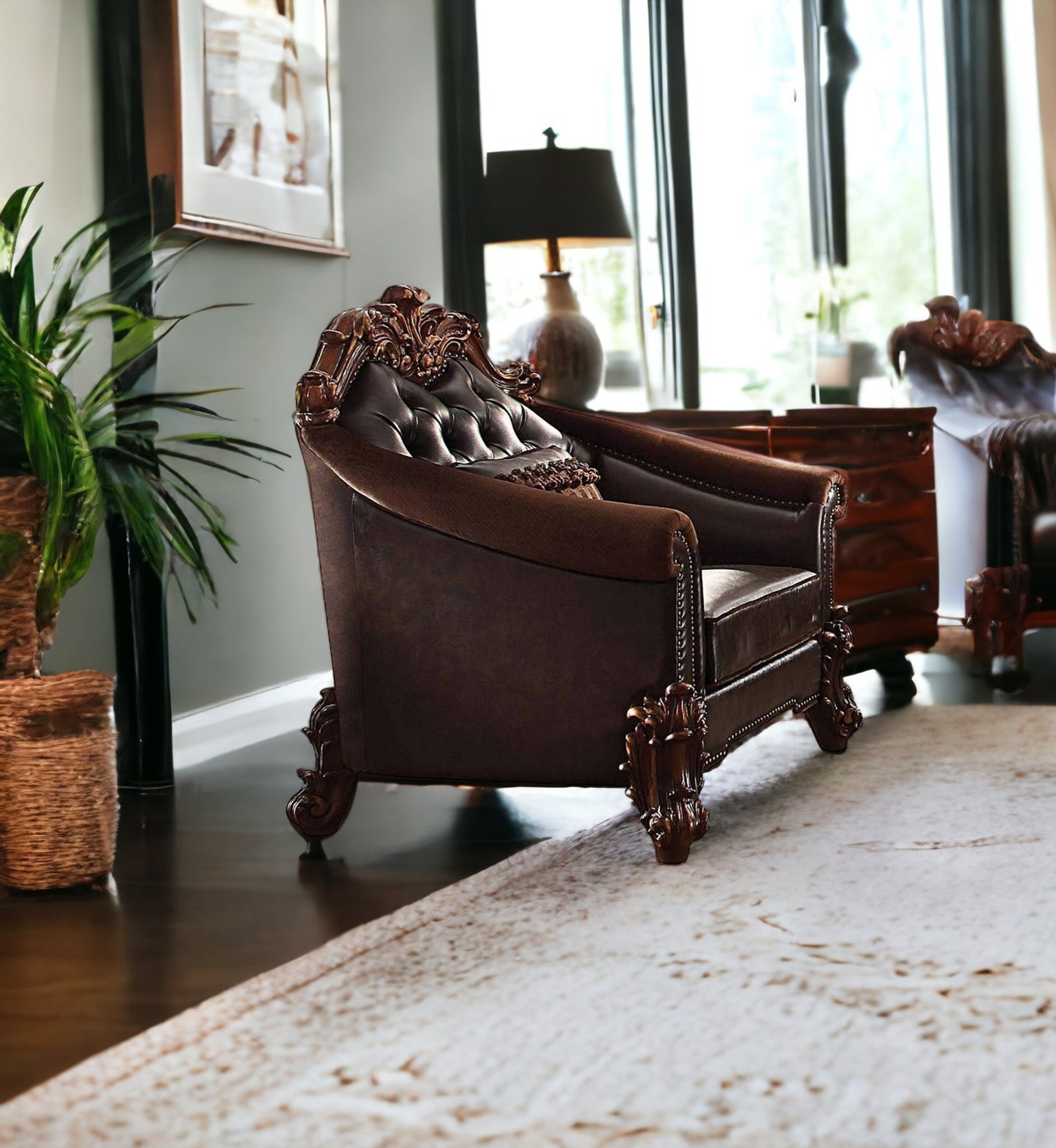 Faux Leather Tufted Chesterfield Chair and Toss Pillow