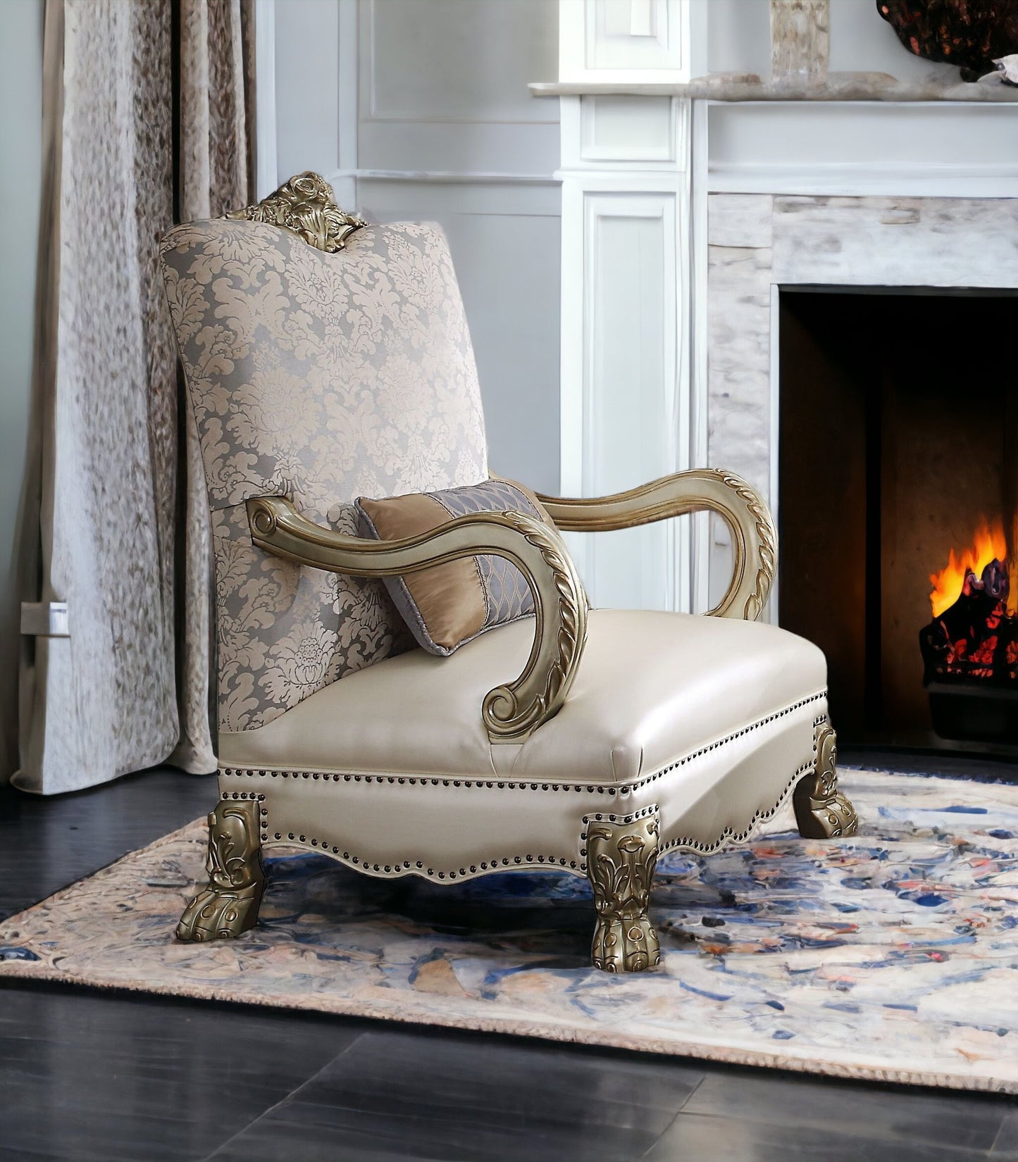 Faux Leather Floral Arm Chair and Toss Pillow