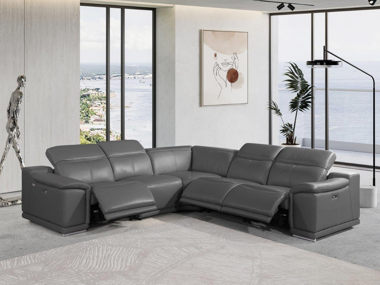 Italian Leather Power Reclining U Shaped Five Piece Corner Sectional with Console