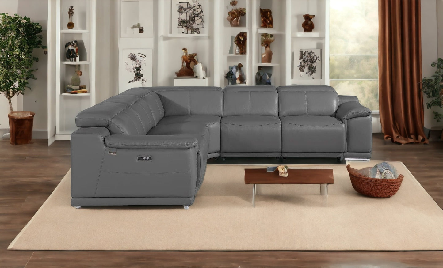 Italian Leather Power Reclining U Shaped Five Piece Corner Sectional with Console