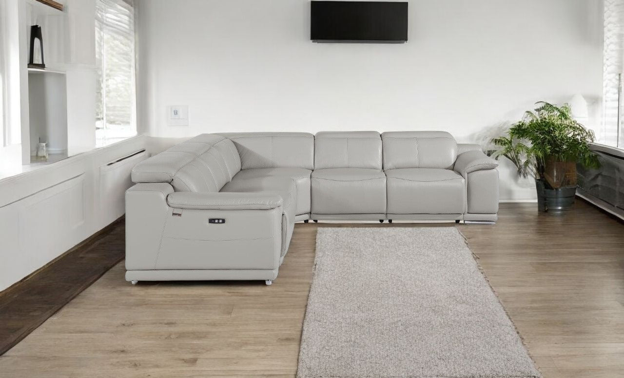 Italian Leather Power Reclining U Shaped Five Piece Corner Sectional with Console