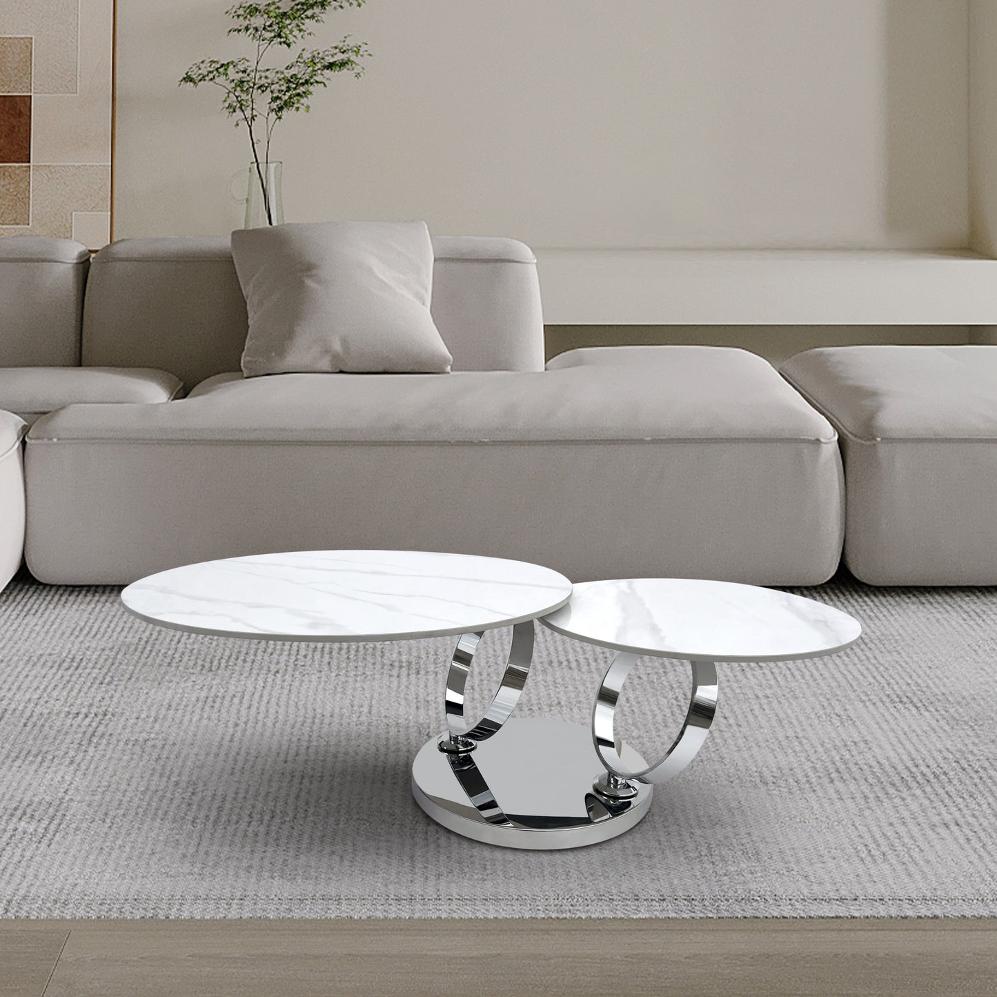 Ceramic Tile and Metal Round Abstract Coffee Table