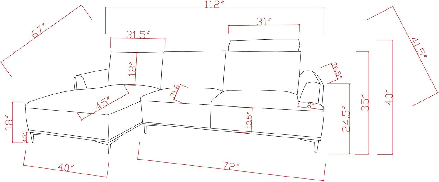 Modern Lucca Sectional Sofa with Push Back Functional, Right Facing Chaise