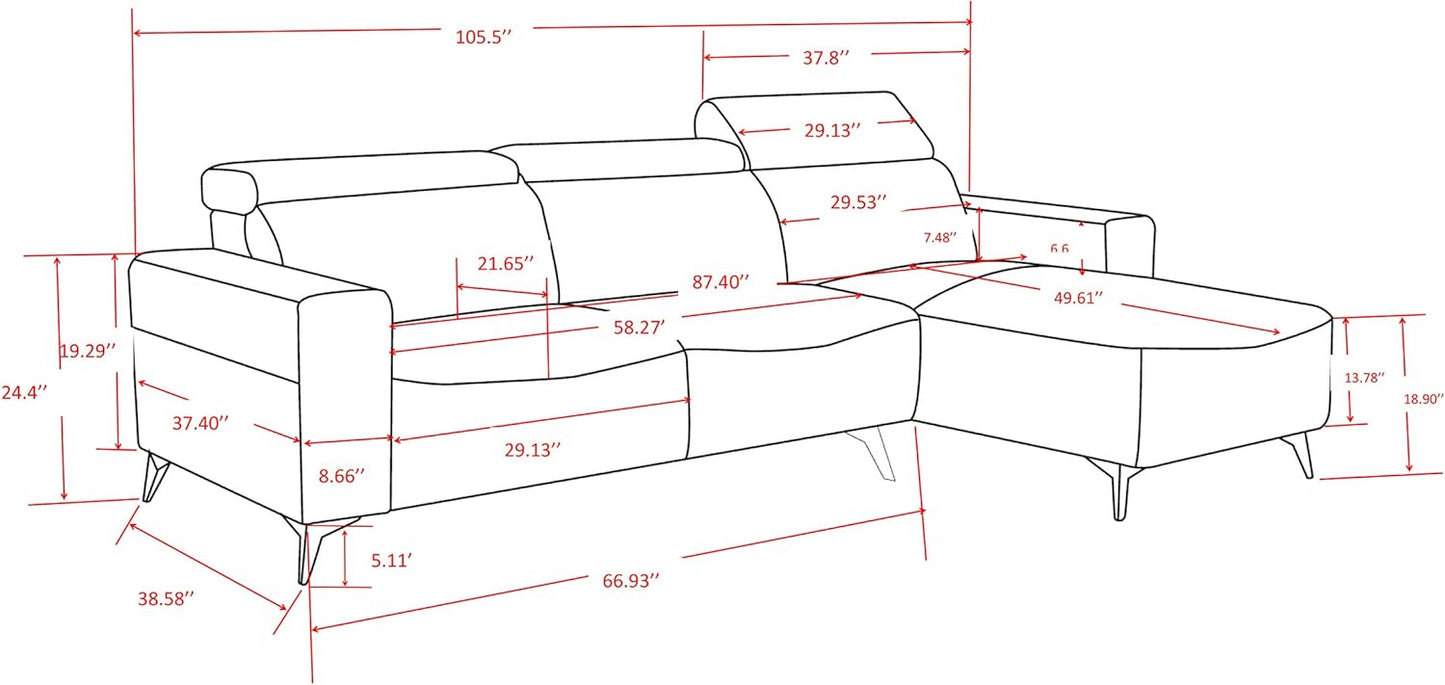 Modern Bari Sectional Sofa with Push Back Functional, Left Facing Chaise