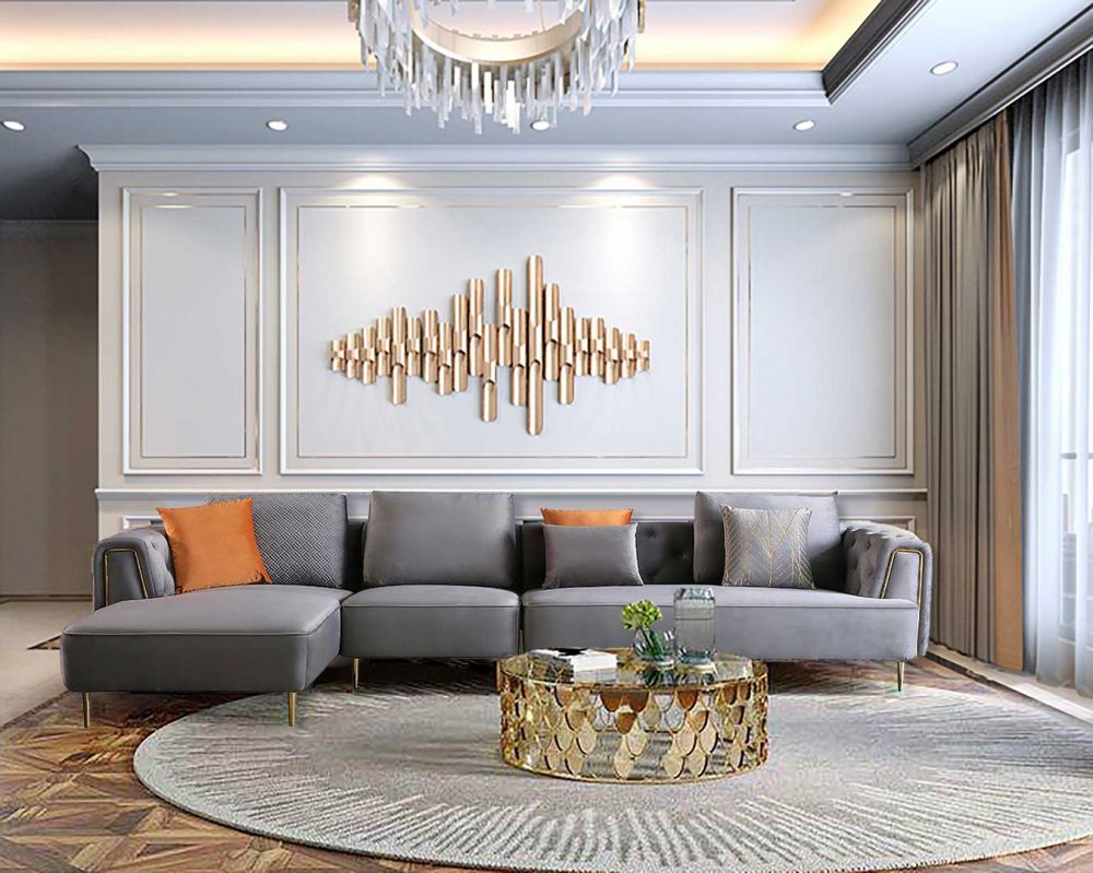 AE-LD831 3pc Gray Velvet Sectional Sofa