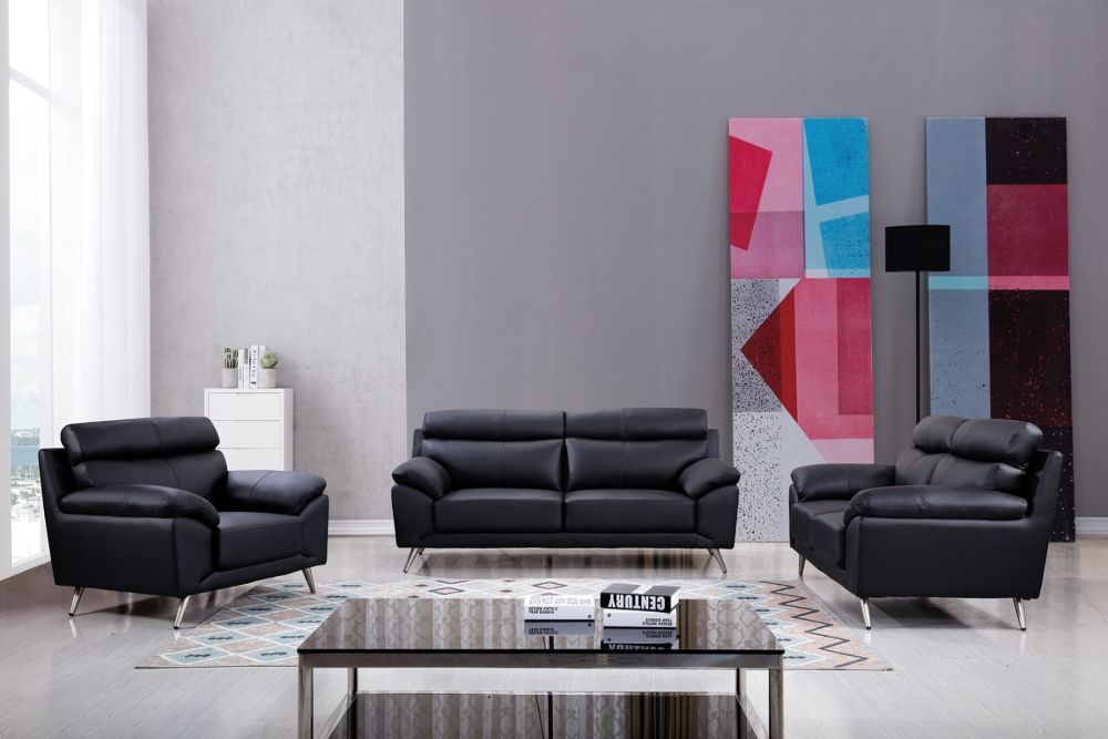 EK528 Black Top Grain Leather 3pc Sofa Set