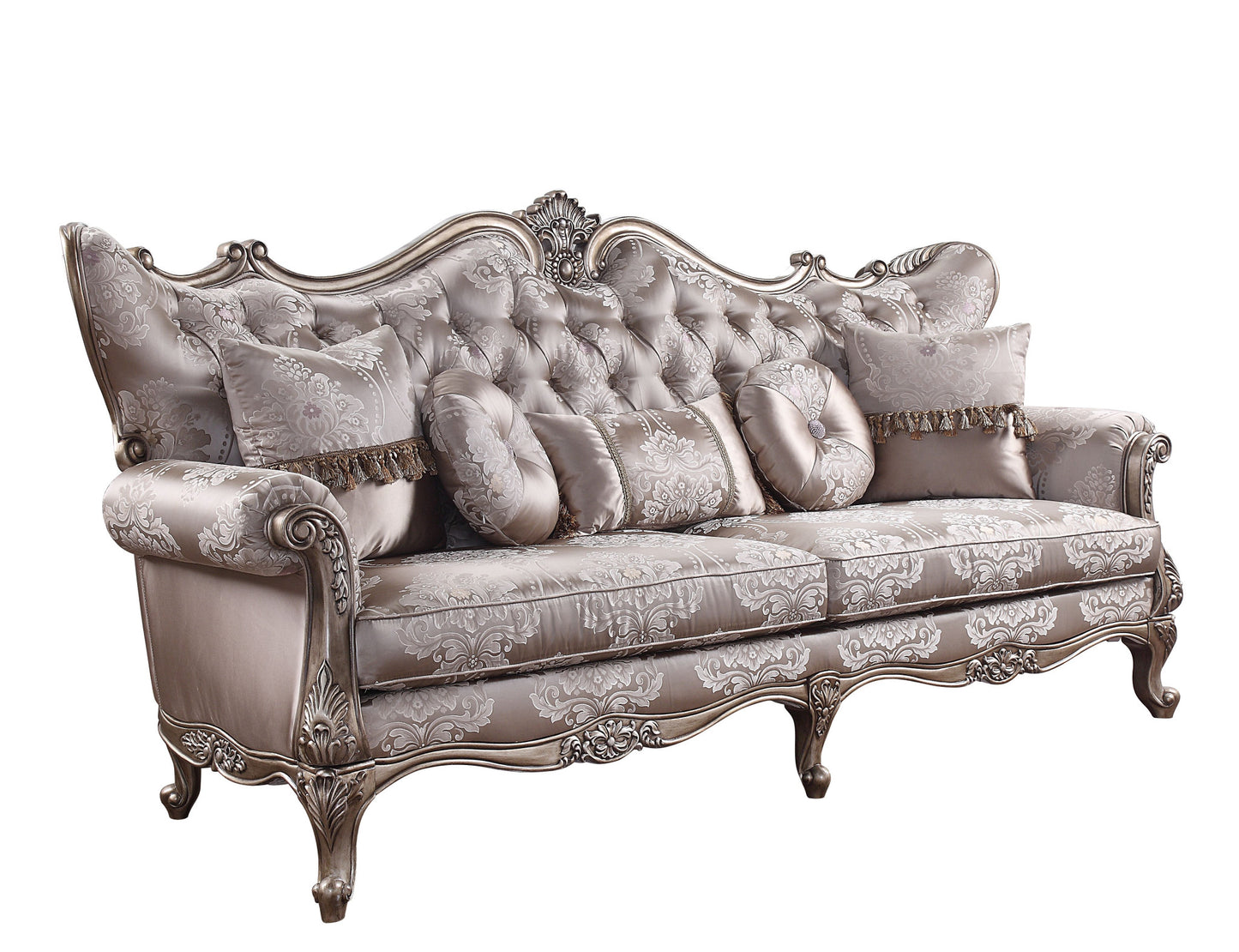 Imitation Silk Damask Sofa and Toss Pillows with Champagne Legs