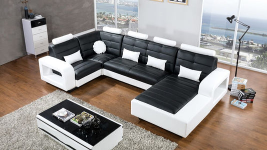 AE-LD800 Black and White Faux Leather Sectional Sofa with LED