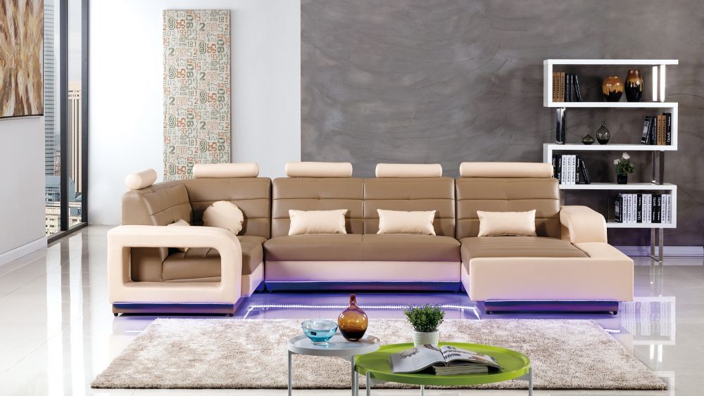 AE-LD800 Camel and Cream Faux Leather Sectional Sofa with LED