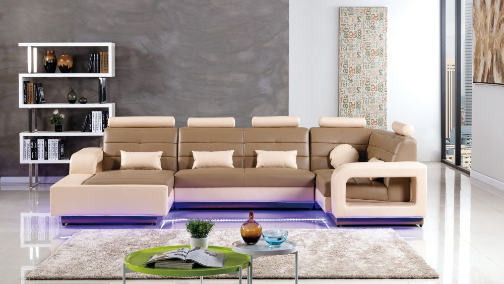 AE-LD800 Camel and Cream Faux Leather Sectional Sofa with LED
