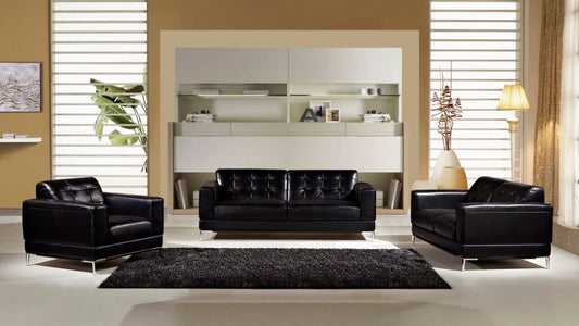 EK003 Black Italian Leather 3pc Sofa Set