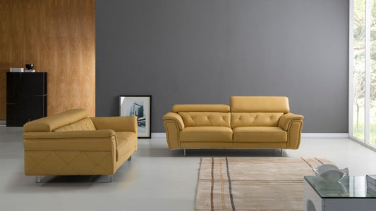 EK068 Yellow Italian Leather 2pc Sofa Set