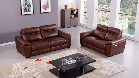 EK088 Brown Italian Full Leather Recliner 2pc Sofa Set