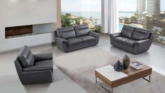 EK092 Gray Italian Leather 3pc Sofa Set