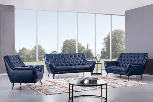 EK8003 Navy Blue Italian Leather 3pc Sofa Set