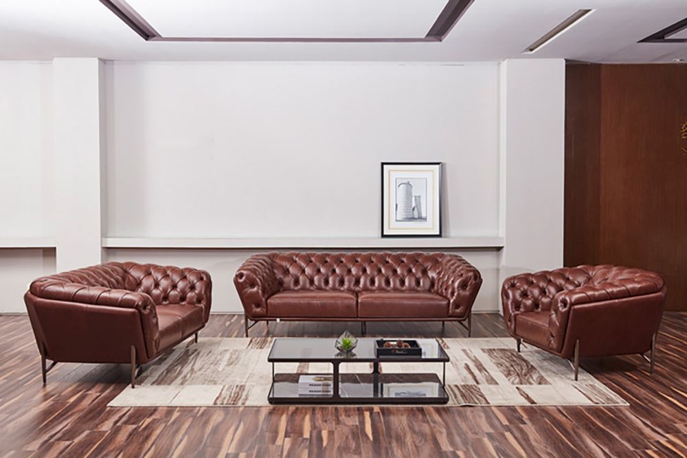 EK8009 Brown Full Leather 3pc Sofa Set