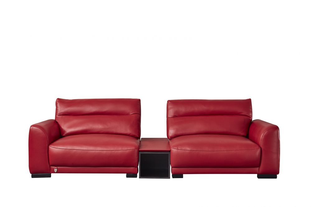EK8012 Red Full Italian Leather Sofa, Loveseat & Cabinet Table Set