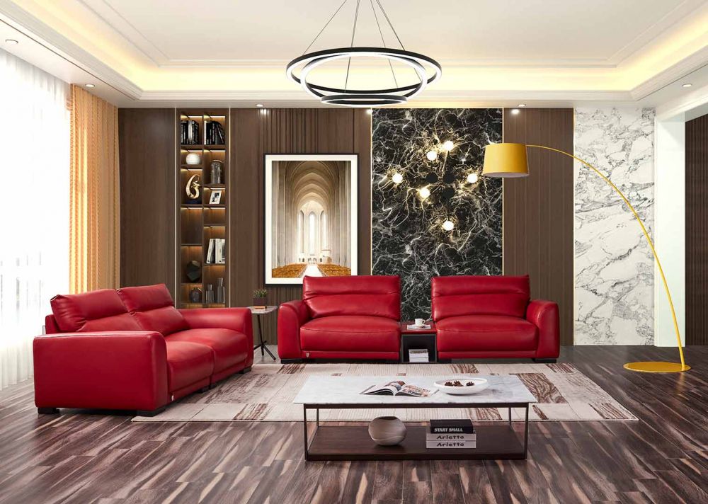 EK8012 Red Full Italian Leather Sofa, Loveseat & Cabinet Table Set