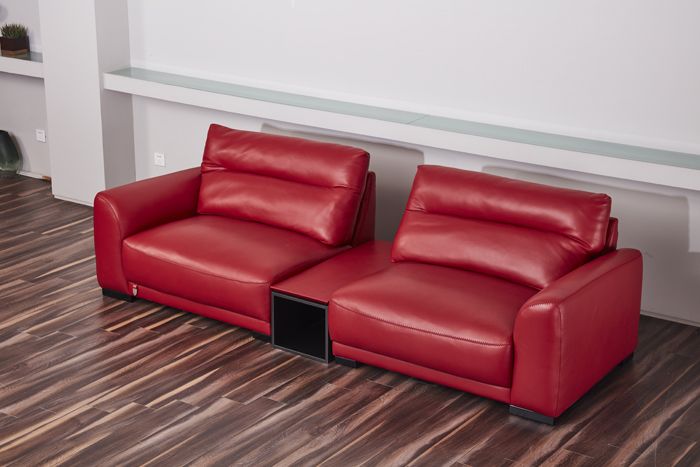 EK8012 Red Full Italian Leather Sofa, Loveseat & Cabinet Table Set